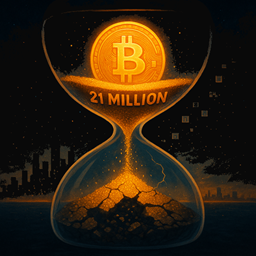 Bitcoin hourglass visualizing limited supply, with lost coins and remaining mined Bitcoin represented in symbolic sand.