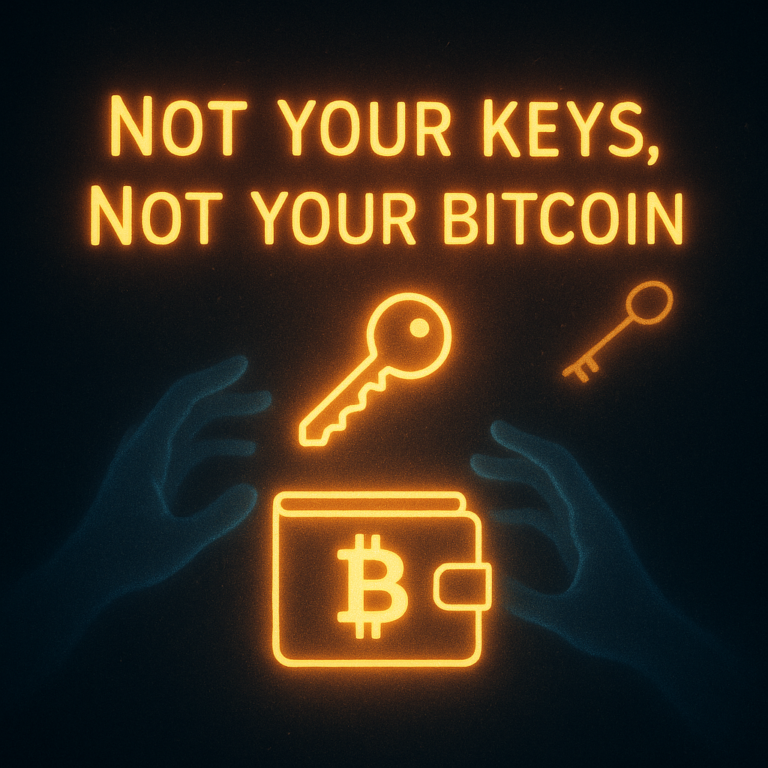 Graphic showing a broken key and Bitcoin logo with the phrase “Not Your Keys, Not Your Bitcoin,” warning about the risks of custodial wallets.