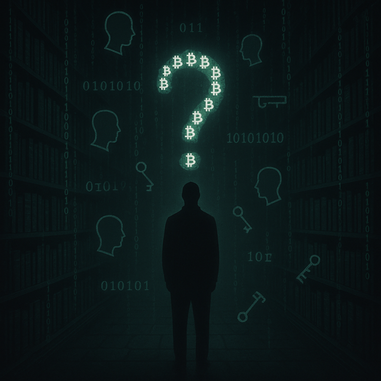 Silhouette of Satoshi Nakamoto with a question mark and symbolic Bitcoin elements, illustrating the mystery behind Bitcoin’s anonymous creator.