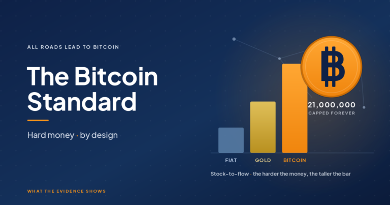 The Bitcoin Standard, sound money from gold to a capped orange bitcoin coin marked 21 million