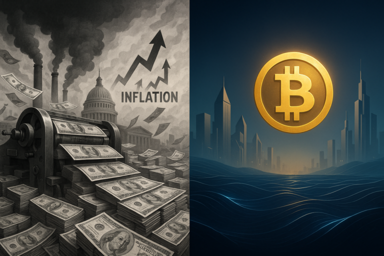 digital artwork showing fiat currency crumbling into dust as printing presses run nonstop in the background
