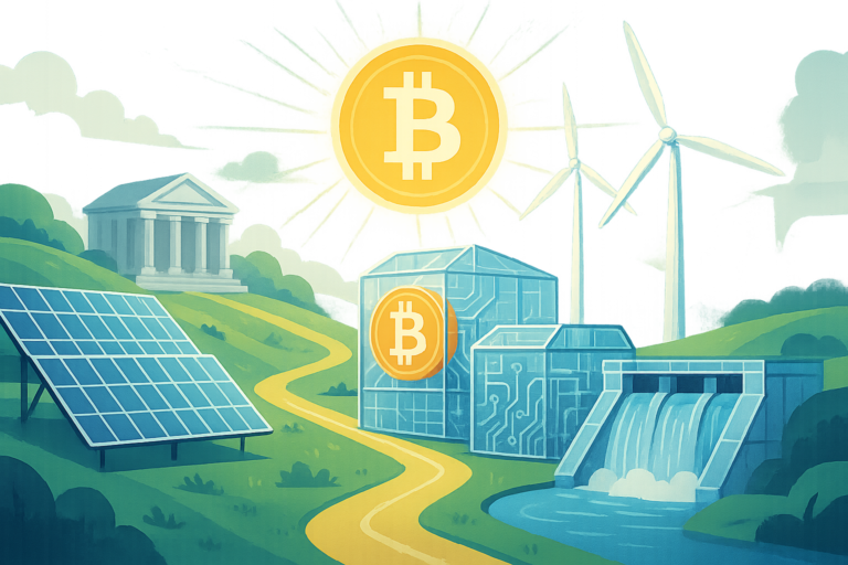 Illustration of a clean energy Bitcoin mining facility using solar, wind, and hydro power, representing transparency and sustainable energy use.
