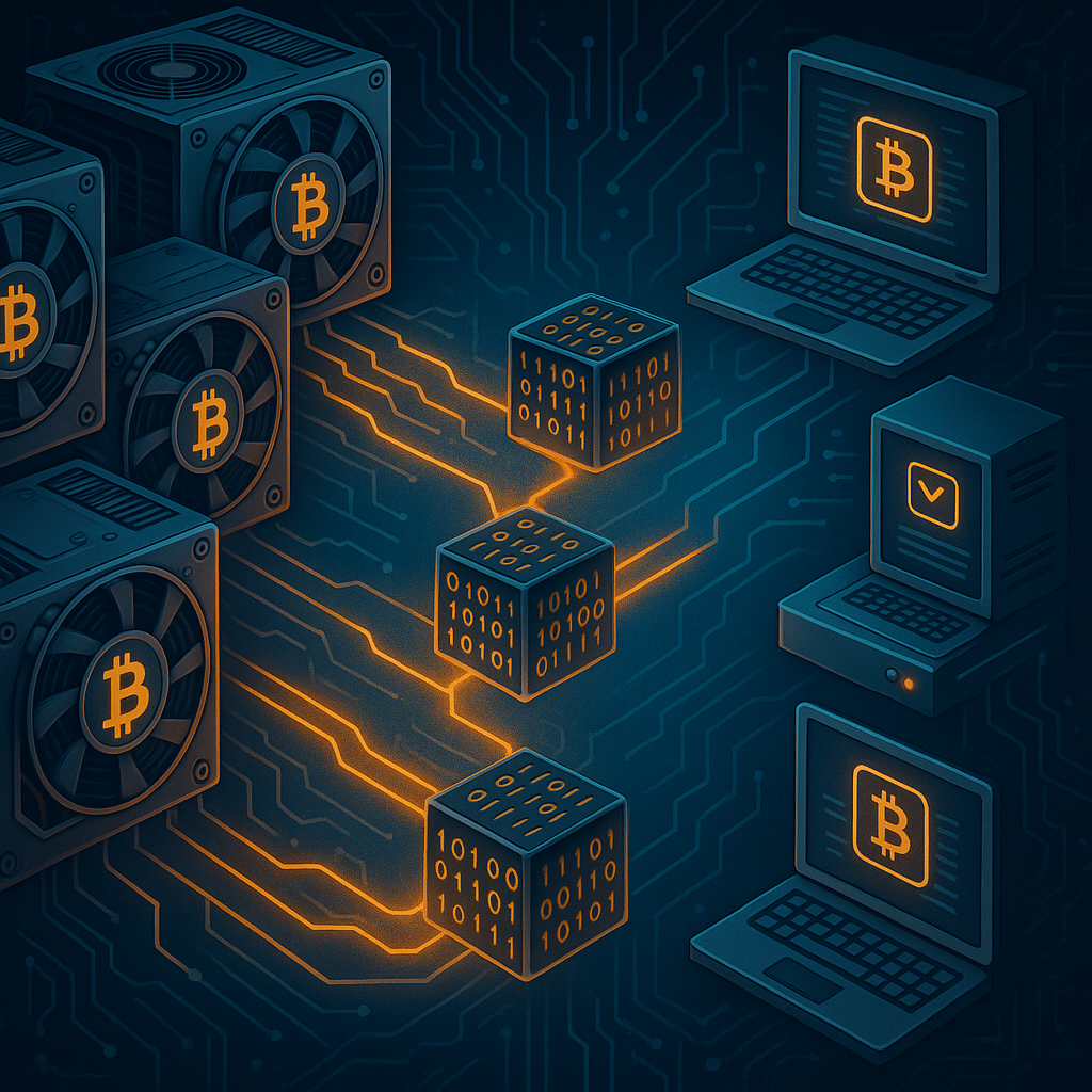 Digital illustration showing Bitcoin miners solving puzzles and nodes validating blocks across a decentralized network.