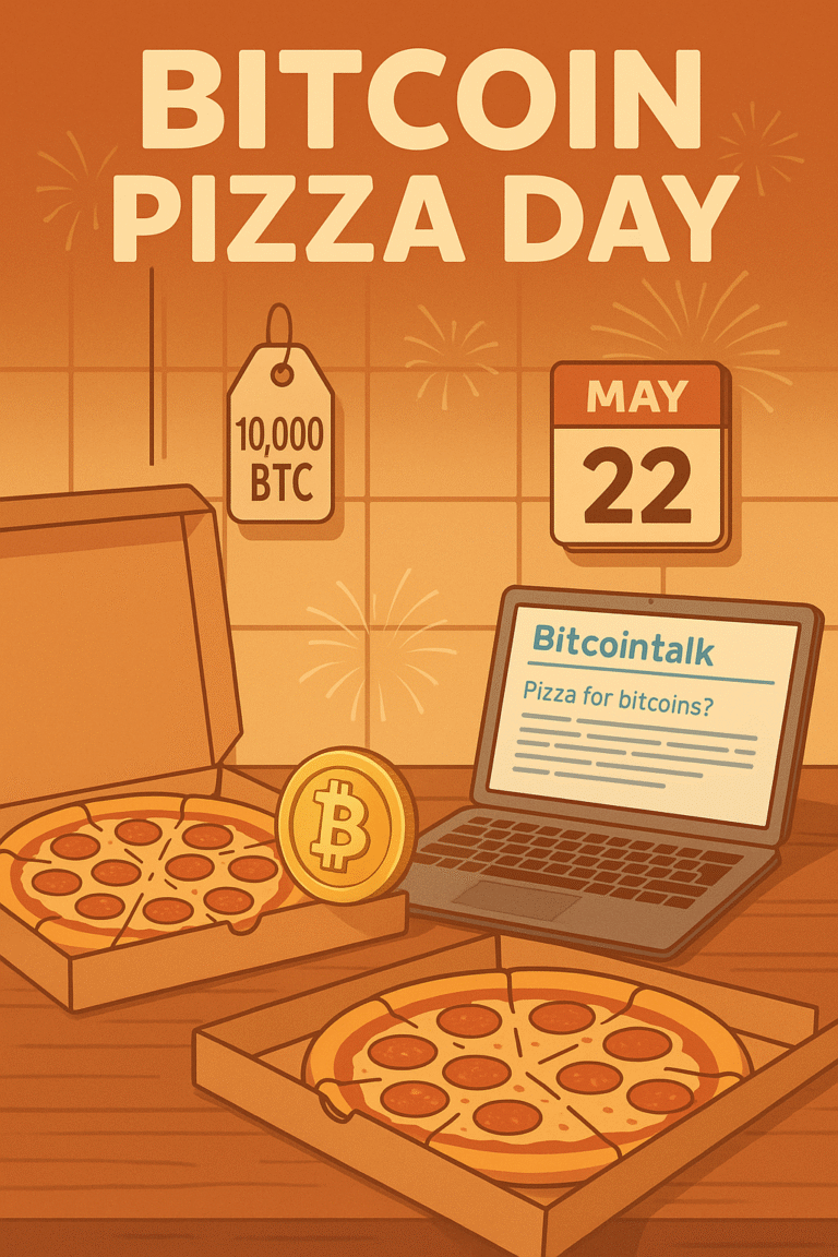 Illustration of two pizzas next to a glowing Bitcoin coin, representing Bitcoin Pizza Day and the first real-world Bitcoin transaction in 2010.