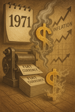 Illustration of the end of the gold standard in 1971, showing fiat money replacing gold-backed currency and symbolizing inflation.