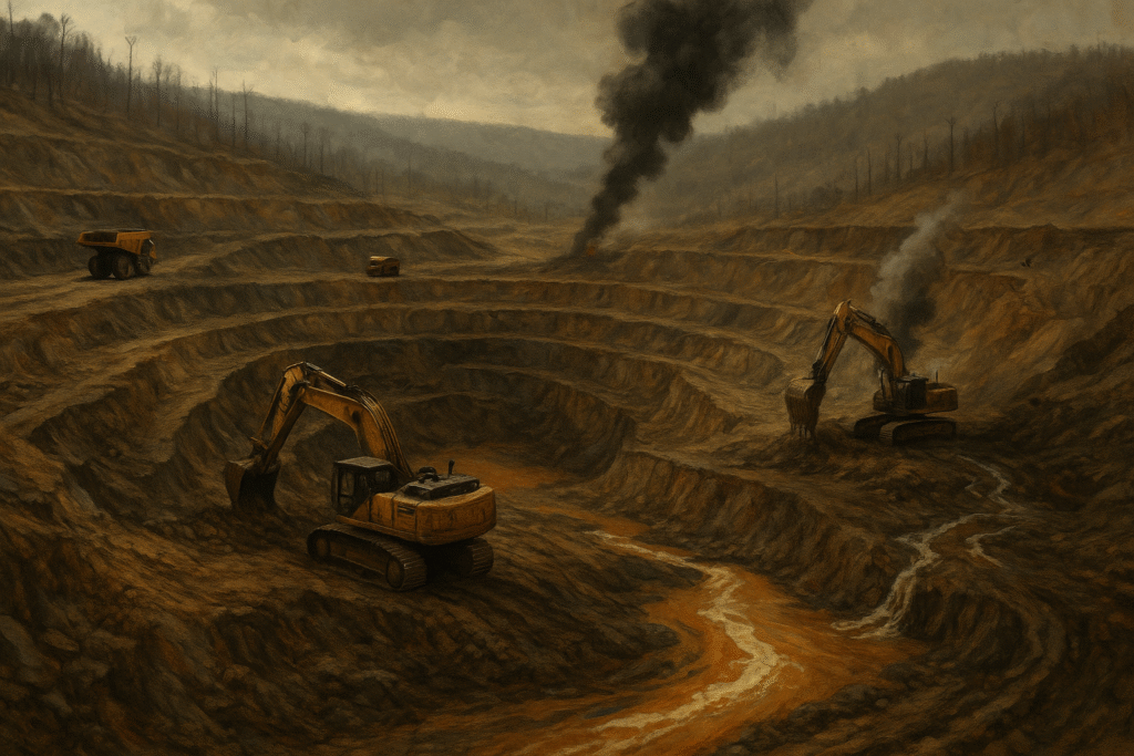 Illustration of an industrial gold mine damaging the environment with machines, smoke, and deforestation.