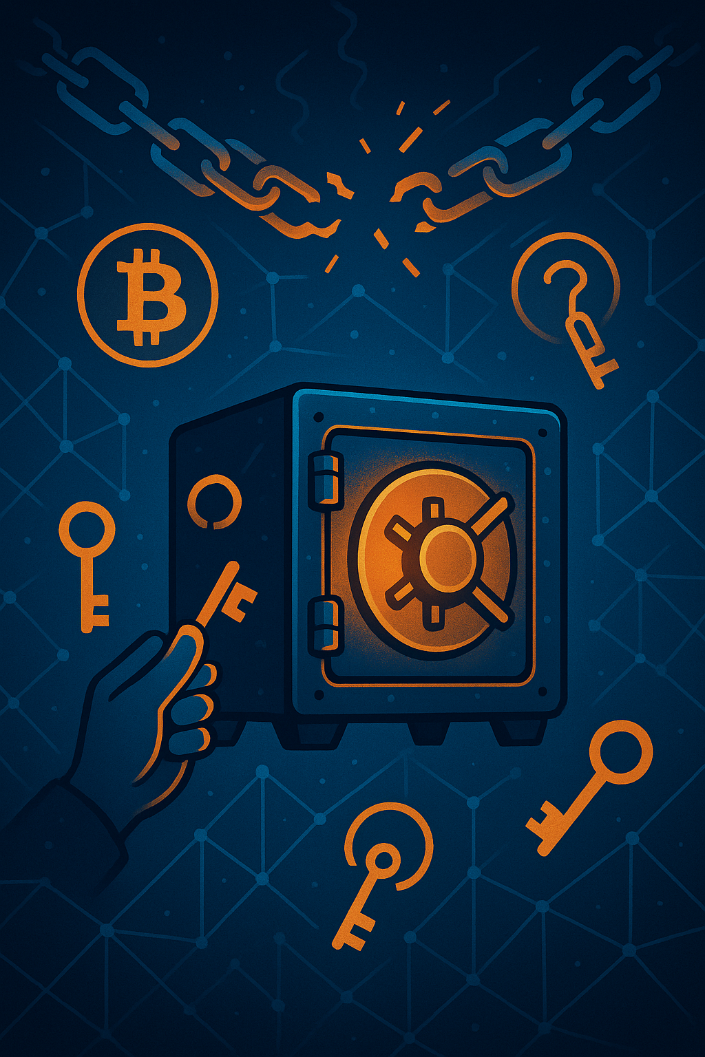 Illustration of a glowing Bitcoin vault surrounded by private keys and a decentralized network, symbolizing self-custody and personal sovereignty.