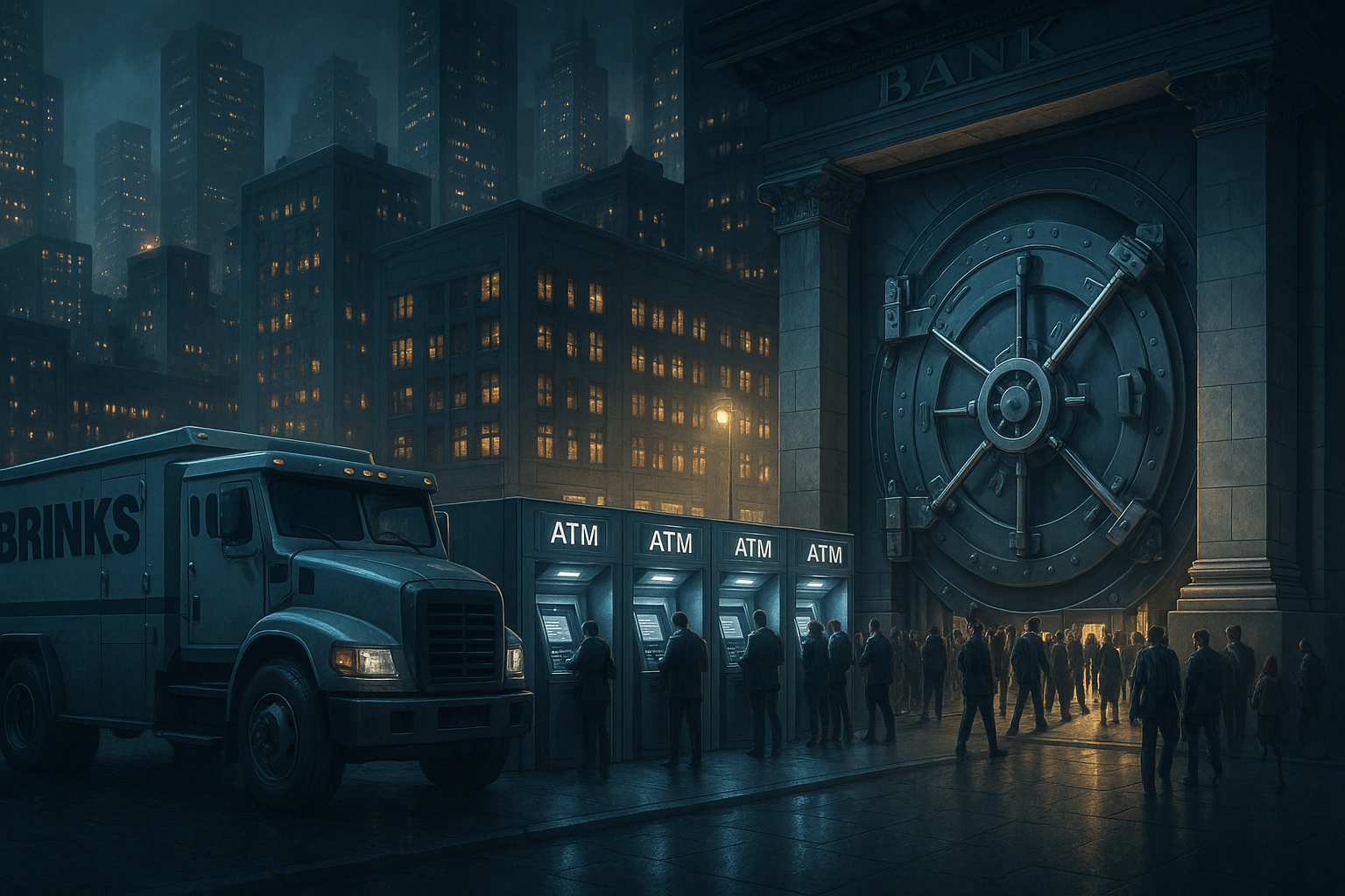 Illustration showing Brinks trucks, ATMs, and bank vaults representing the traditional financial system’s energy usage.