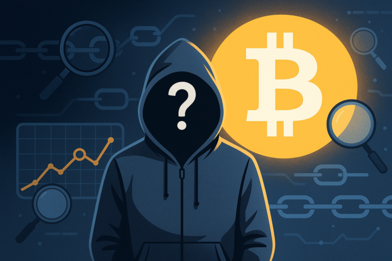 Illustration showing the myth of Bitcoin being used by criminals, contrasted with blockchain transparency and law enforcement tracking.