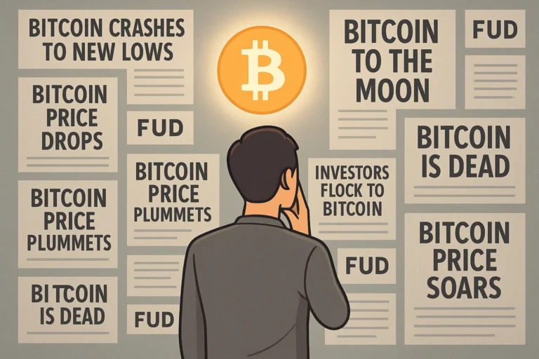 Person facing a wall of confusing Bitcoin headlines and FUD, with a glowing Bitcoin symbol above offering clarity.
