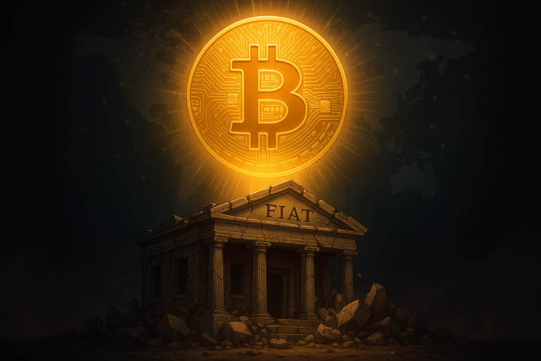 Illustration of a glowing Bitcoin emerging above a collapsing traditional bank, symbolizing the transition from fiat to a new digital monetary system.