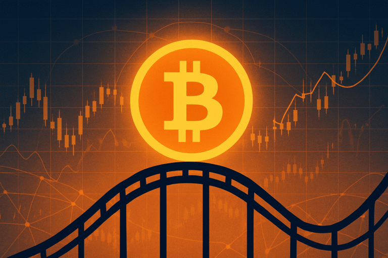 Bitcoin symbol on a rollercoaster track with charts in background, symbolizing price volatility and global adoption