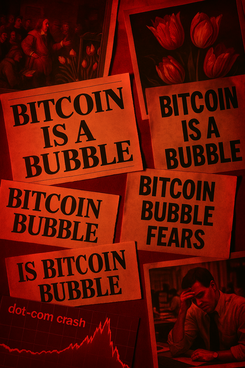 Headlines comparing Bitcoin to tulip mania and tech bubbles