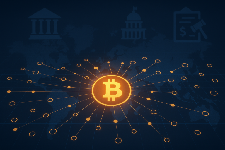 Visual of a global decentralized Bitcoin network showing nodes around the world, symbolizing that no government can shut it down.