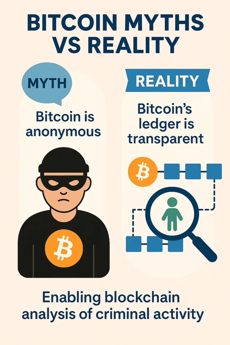 Illustration of Bitcoin under surveillance with a magnifying glass, symbolizing how law enforcement can trace transactions on the blockchain.