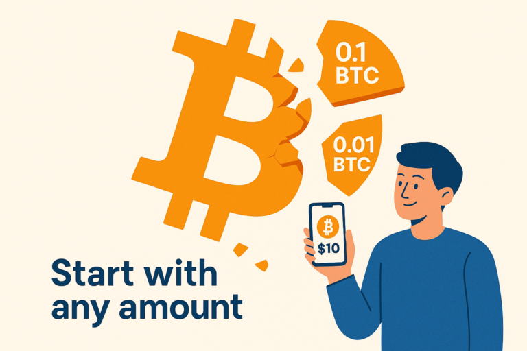 Illustration showing that Bitcoin is divisible into small parts, with a user holding a phone displaying a small BTC amount and text saying “Start with any amount.”