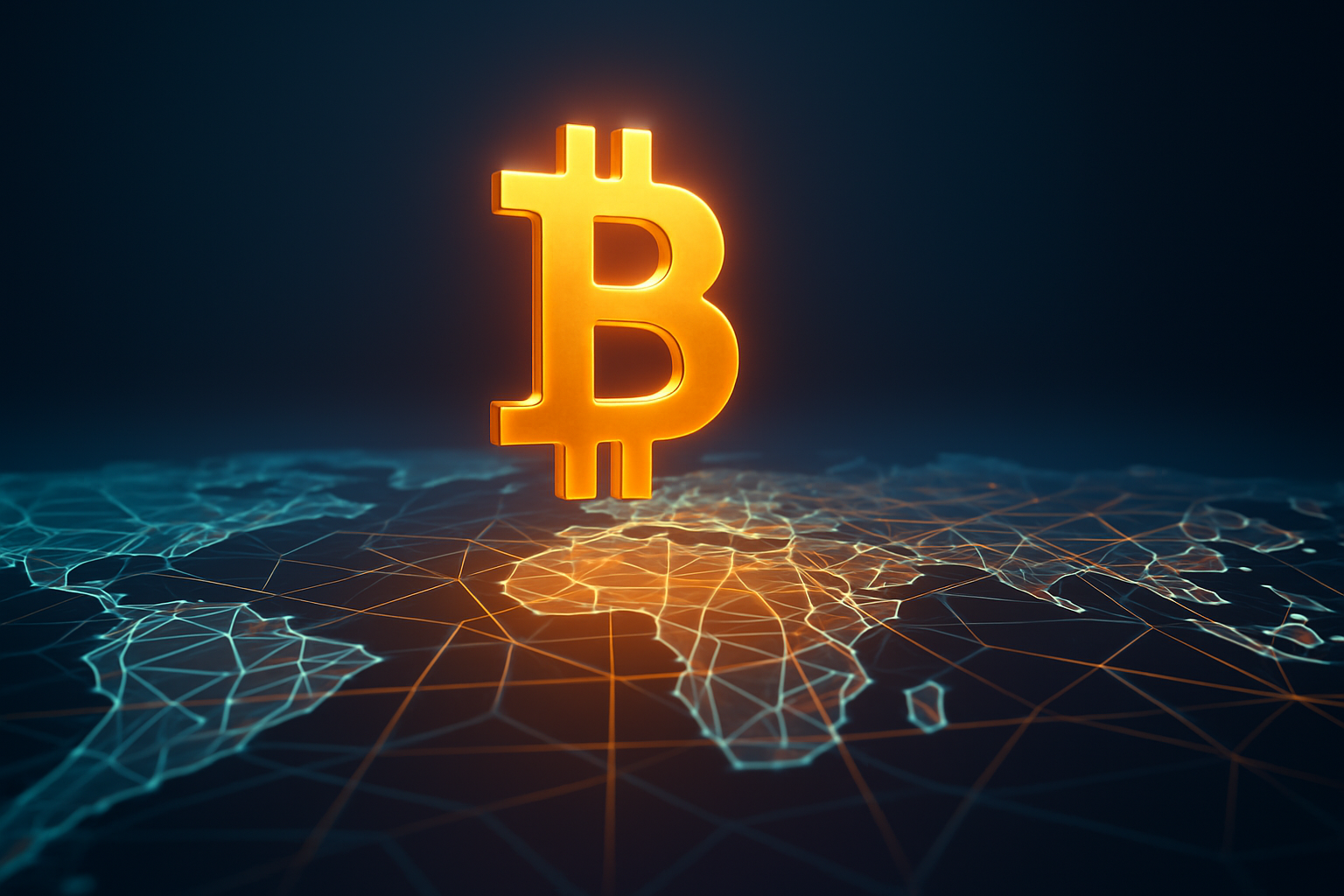 Bitcoin symbol glowing in gold above a connected world map with illuminated network lines, representing global cryptocurrency adoption and blockchain technology