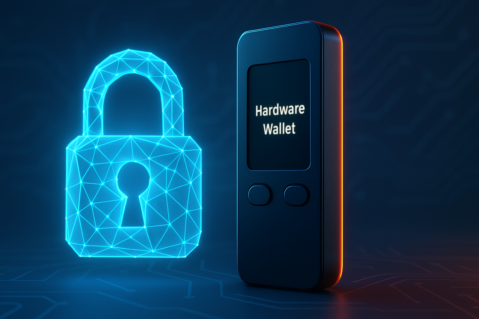 Bitcoin hardware wallet positioned beside a glowing digital lock icon on a circuit-pattern background, illustrating cryptocurrency storage and private key security