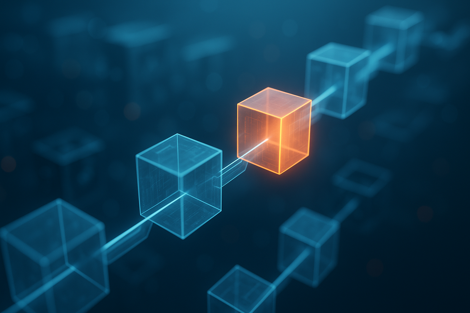 Blockchain network of translucent blocks linked by glowing blue beams, one highlighted in orange, symbolizing cryptocurrency mining and transaction verification