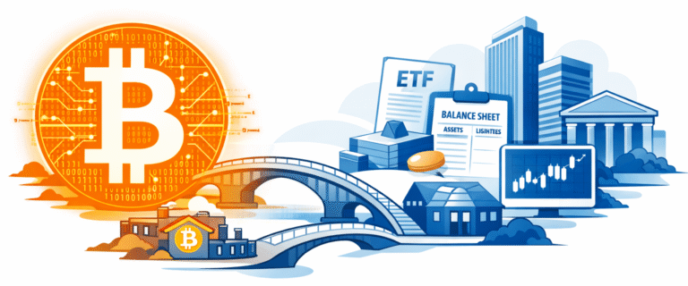 Illustration showing Bitcoin connected to traditional financial instruments like ETFs, mining stocks, and corporate treasuries, representing indirect Bitcoin exposure.
