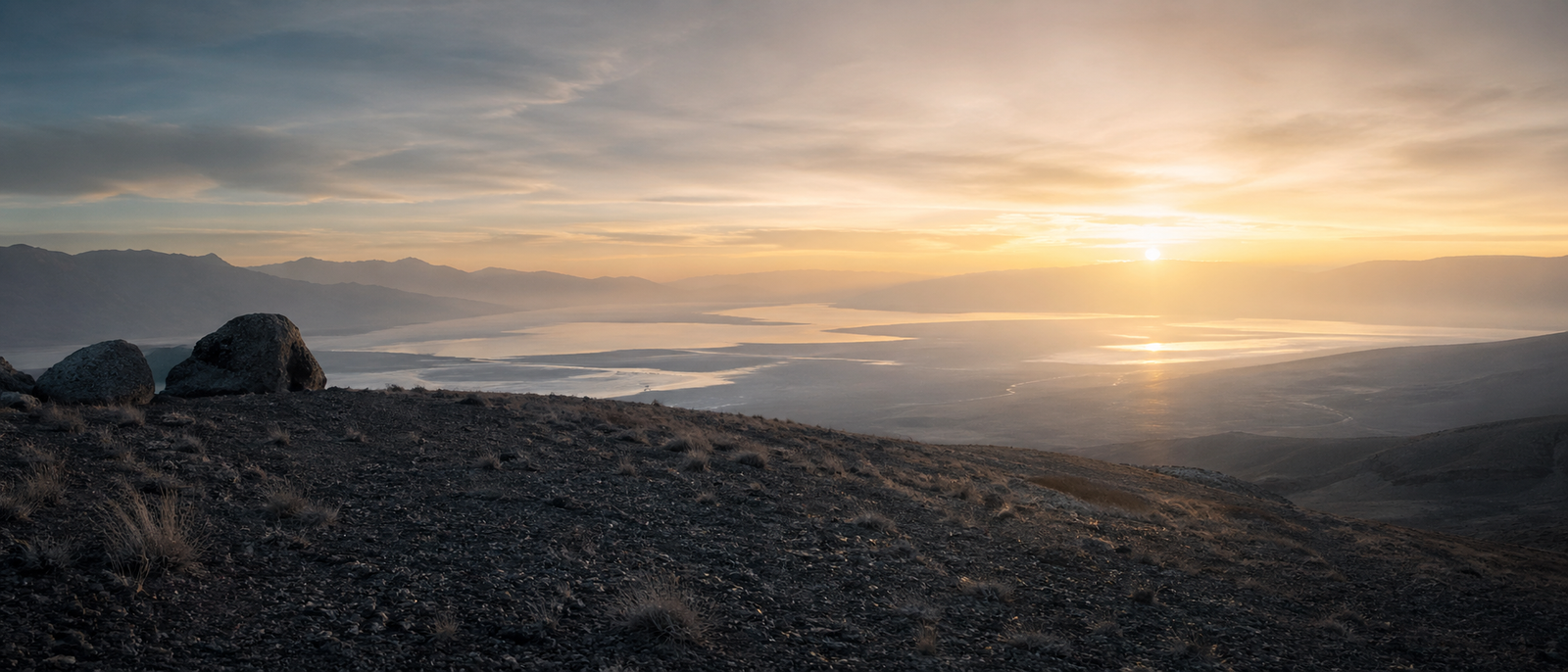 A minimalist landscape at first light with sparse foreground opening into an expansive horizon