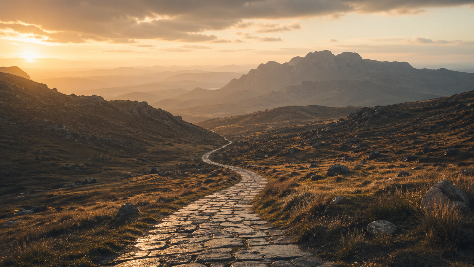 A long road winding toward distant mountains at golden hour