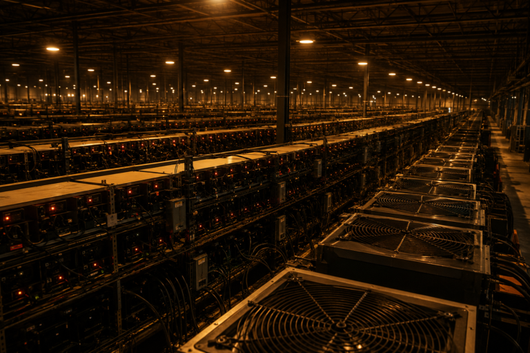 ows of Bitcoin mining hardware filling a large industrial facility with overhead lighting and cooling infrastructure