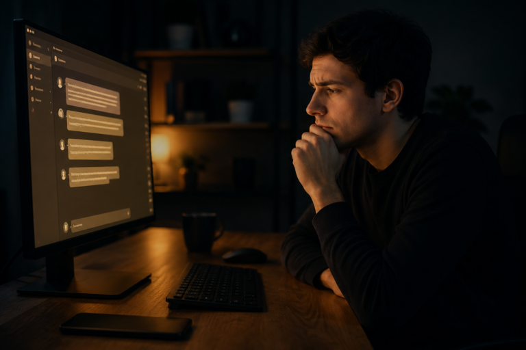 Person reviewing AI responses about Bitcoin on a glowing computer screen in a dark room