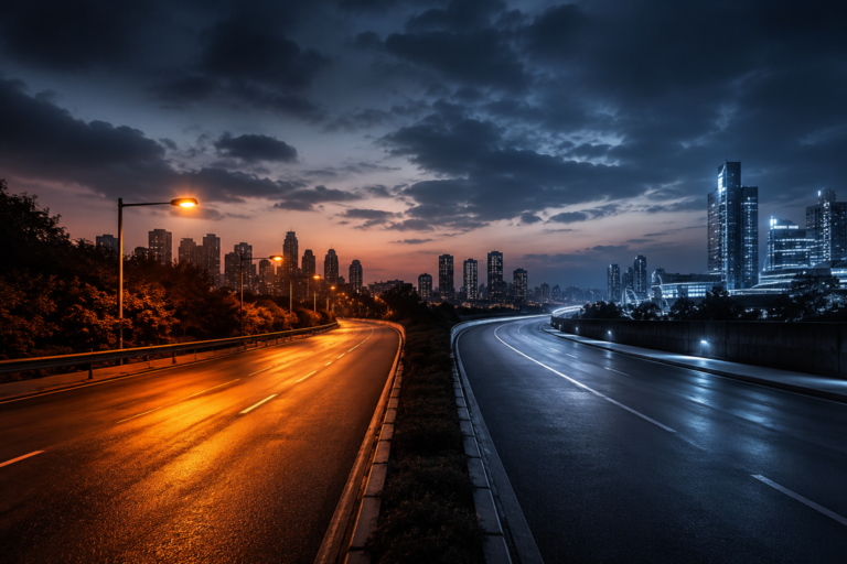 Two distinct roads diverging through an urban landscape at dusk, one lit with warm orange light and one with cool blue