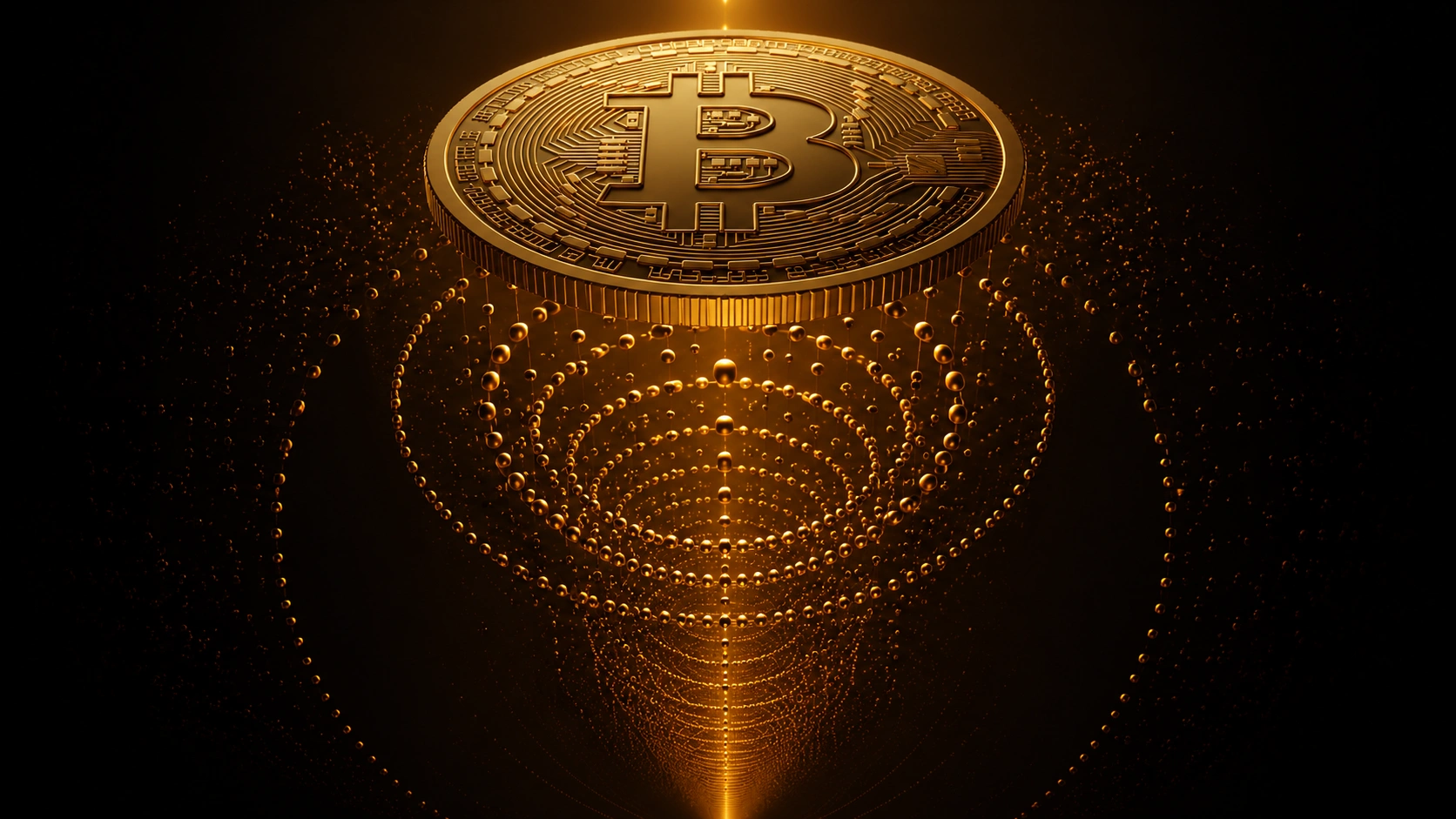 A large Bitcoin coin suspended above concentric rings of descending satoshi particles, illustrating Bitcoin's divisibility into 100 million individual satoshi units
