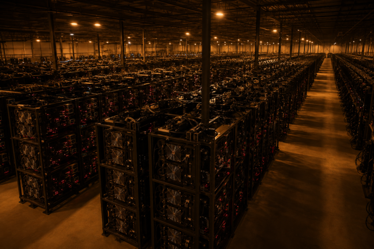 Bitcoin mining facility with rows of ASIC hardware under amber overhead lighting in a large industrial warehouse