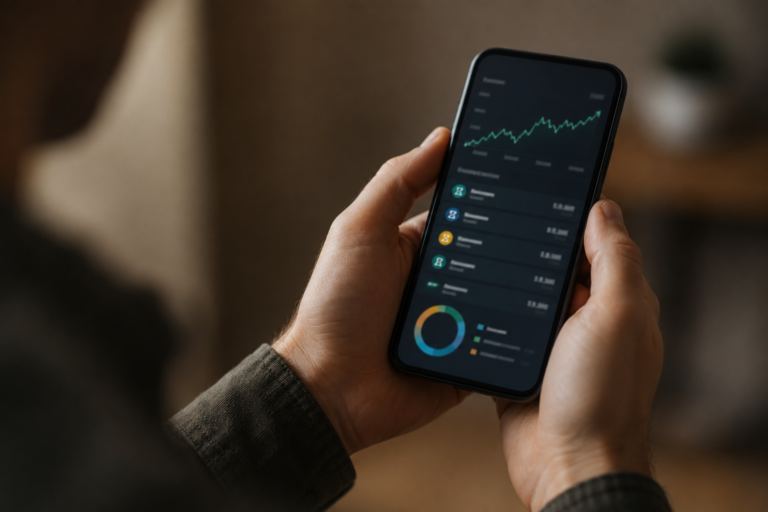 Person viewing a Bitcoin balance on a smartphone exchange app, phone held at arm's length