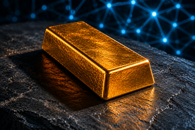 Gold bar resting beside abstract glowing light patterns representing Bitcoin and monetary value comparison
