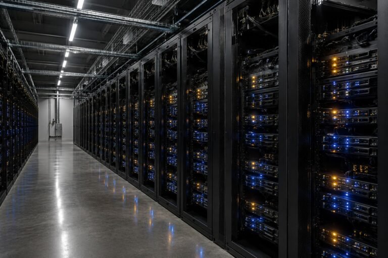 Server racks in a data center with blue indicator lights and cooling infrastructure