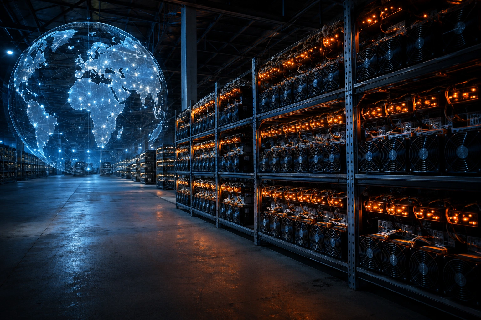Bitcoin mining facility interior with rows of ASIC hardware and glowing indicator lights, with a translucent globe showing node connections across 181 countries