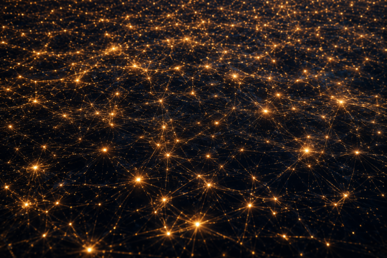 Distributed network of glowing nodes with no central hub, representing Bitcoin consensus and decentralized enforcement
