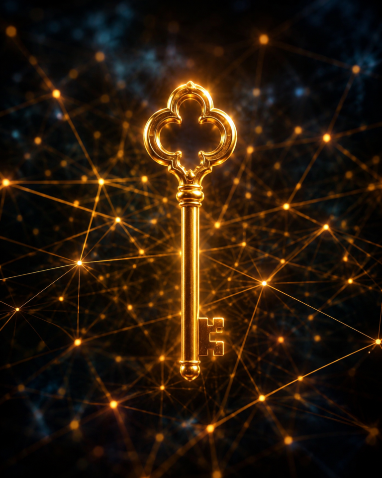 Glowing digital key floating above a distributed blockchain network, representing where bitcoin is stored