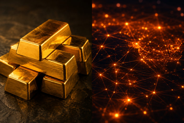 Gold bars and a Bitcoin network visualization side by side, representing the gold vs Bitcoin store of value comparison