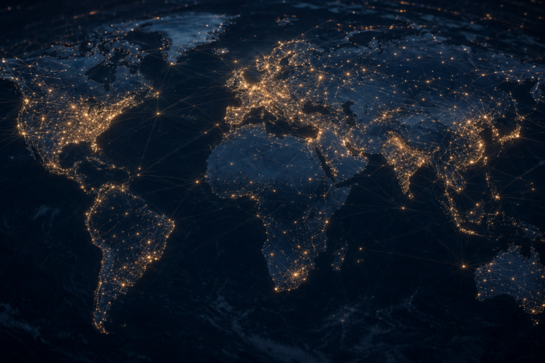 Global network of illuminated nodes connected across a world map representing Bitcoin infrastructure