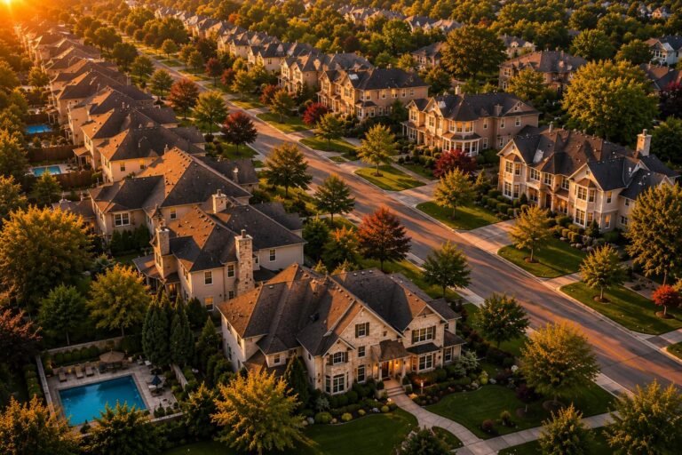 Aerial view of a suburban residential neighborhood at warm golden hour