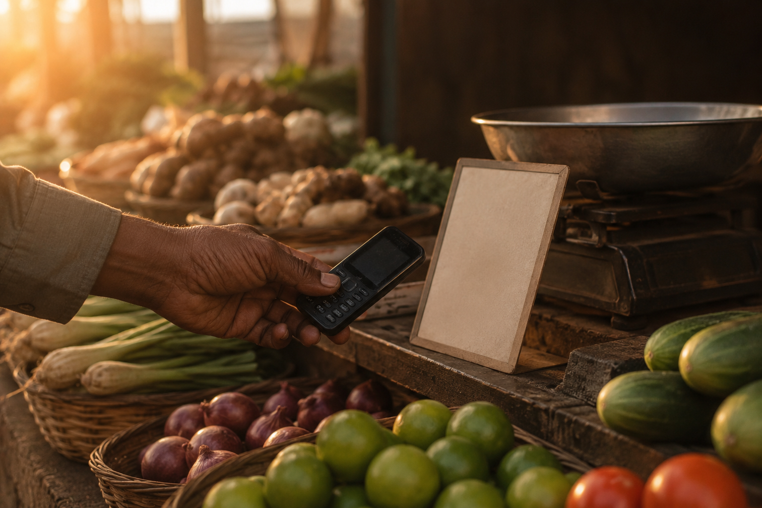 A hand holding a phone toward a payment placard at a market stall