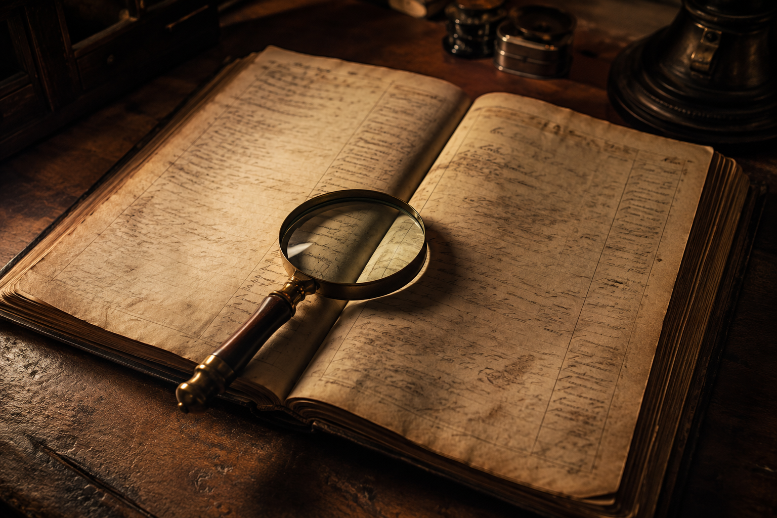 Open ledger book on a dark desk with a magnifying glass illuminated by warm directional light