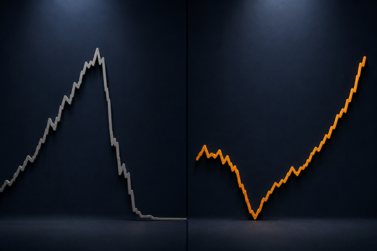 Split chart showing a collapsed asset line at zero beside a Bitcoin recovery curve rising to a new all-time high