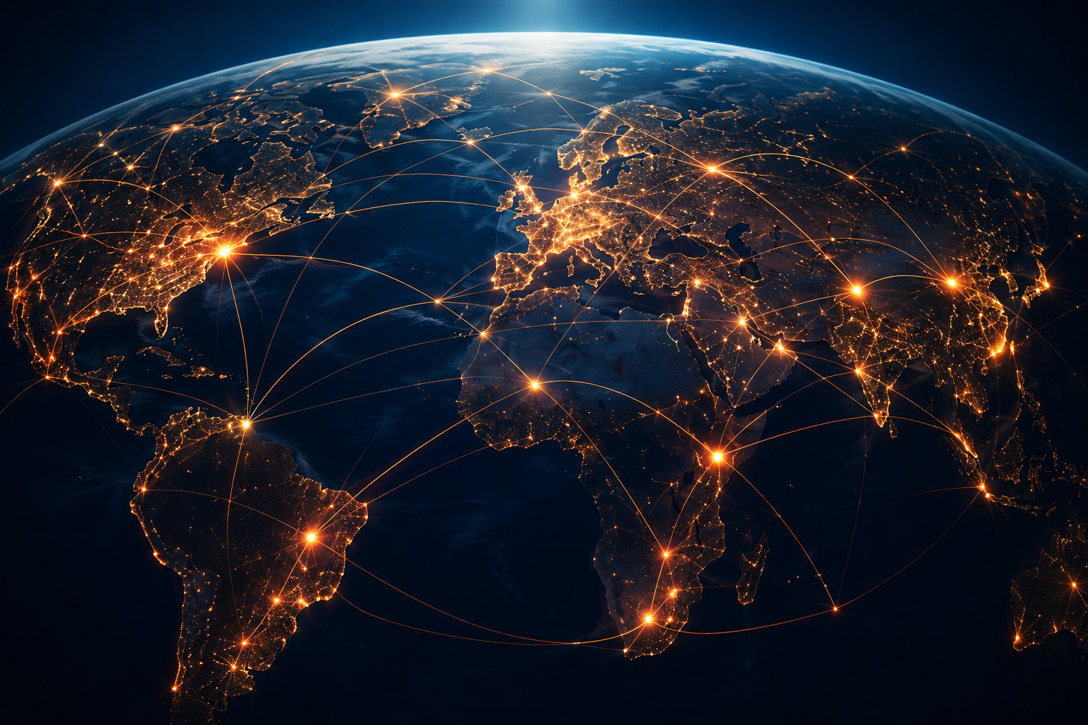 Global Bitcoin network map with node connections spanning continents in warm amber light