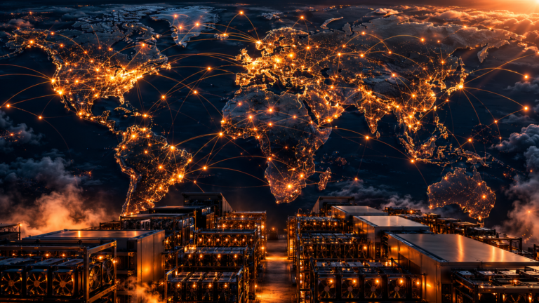 Global network of Bitcoin nodes spanning continents with mining hardware visible in the foreground