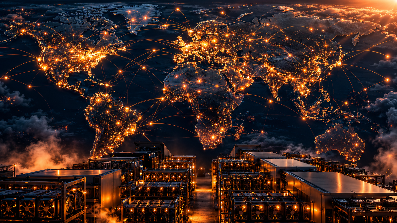 Global network of Bitcoin nodes spanning continents with mining hardware visible in the foreground