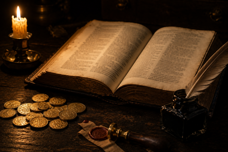 Open antique folio beside gold coins and a quill on a candlelit desk