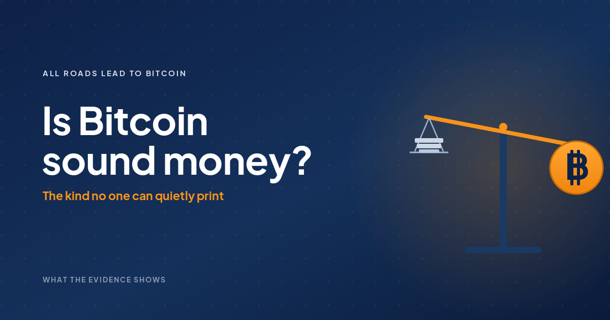 Bitcoin sound money shown as an orange bitcoin coin on a scale outweighing a stack of printed paper money