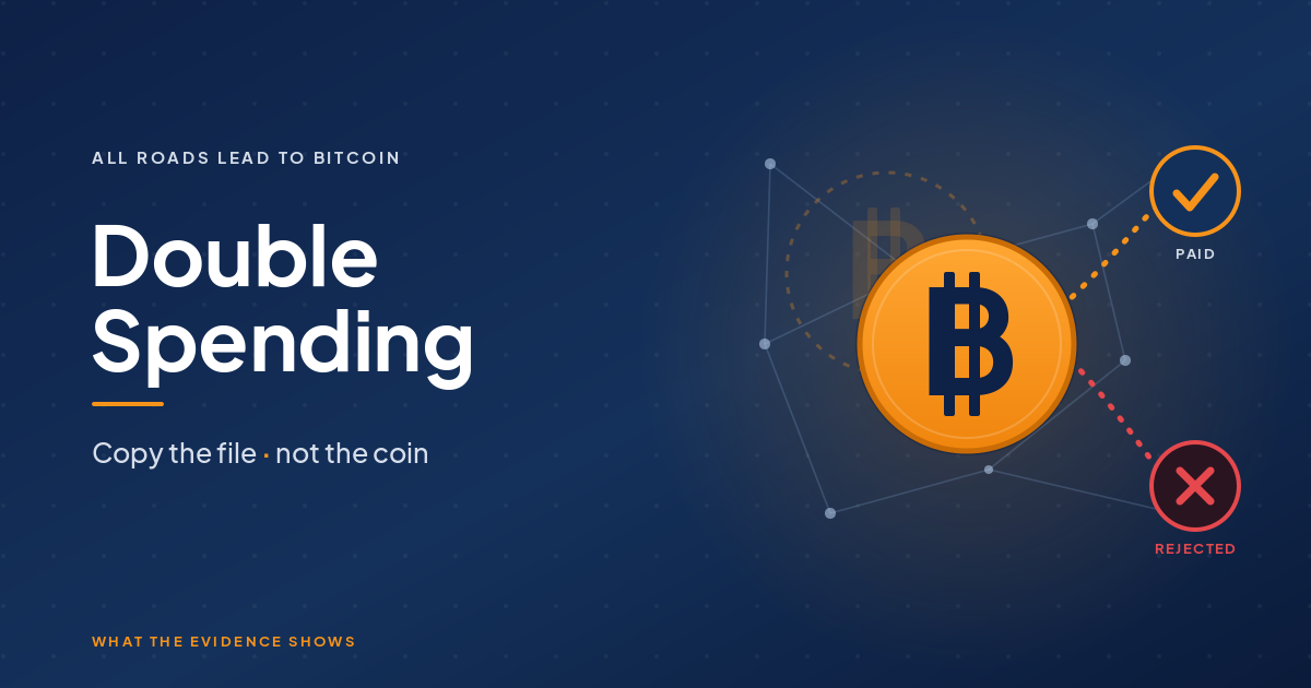 How Bitcoin solves double spending, one orange coin sent to two people with the second payment rejected