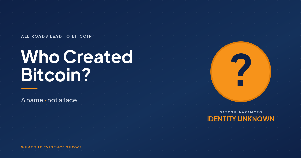 Who created Bitcoin, an orange coin bearing a question mark for the unknown creator Satoshi Nakamoto